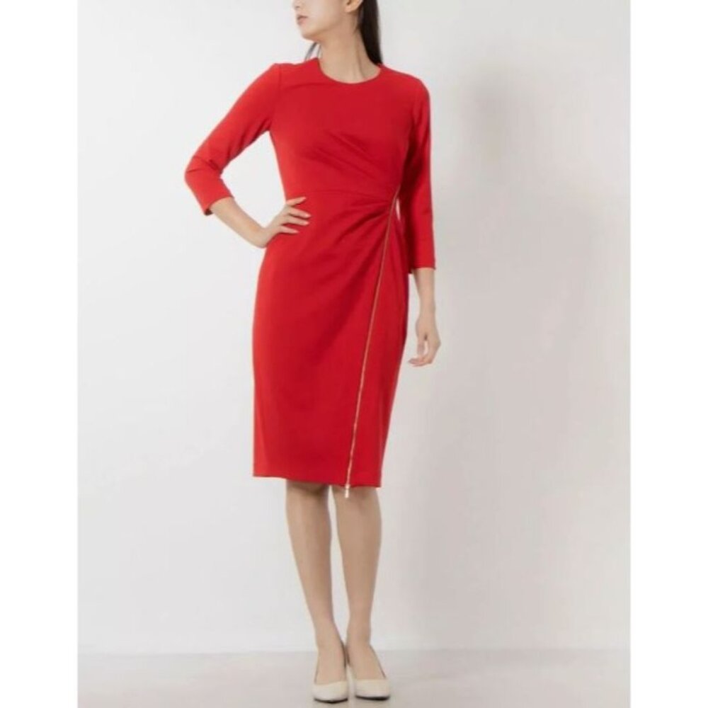 Calvin Klein Women's Diagonal Zipper Round Neck 3/4 Sleeve Sheath Dress Size 6